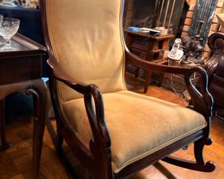 Antique Upholstered Wingback Armchair Carved Wood Frame