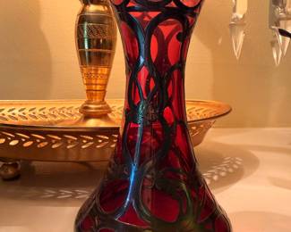 Art Glass Vase Metal Overlay Red Panels Tall Elegant Dark Iron Floral Cutwork Bohemian Czech Style Vintage