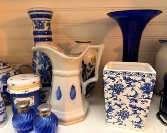 Blue White Pottery Pitcher Vase Candle Holder Floral Ceramic