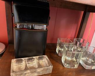 Black Leather Ice Bucket Clear Glass Ashtrays Dishes Barware Vintage Entertaining
