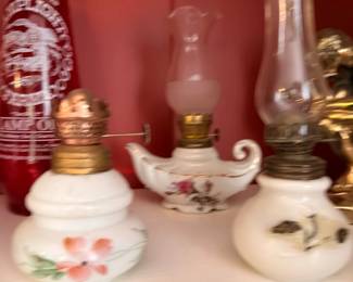 Painted Floral Oil Lamps White Ceramic Pink Roses Glass Chimney Brass Vintage