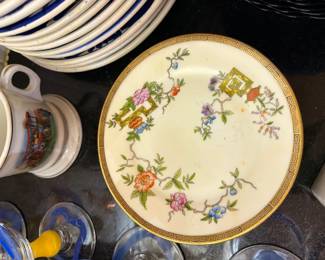 Hand Painted Floral Plate Gold Greek Key Border Antique China