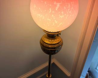 Vintage Brass Floor Lamp with Pink Glass Globe Shade