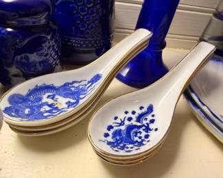 Blue White Chinese Dragon Porcelain Spoons Ladles Cobalt Glass