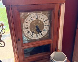 Antique Wood Mantel Clock Glass Door Roman Numeral Dial Peaked Finial Top