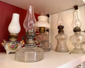 Antique Oil Lamps Shelf Display White Milk Glass Clear Painted Floral Brass