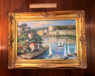 Oil Painting Mediterranean Harbor Sailboats Gold Frame