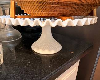 White Milk Glass Hobnail Cake Stand Pedestal Ruffled Edge Vintage