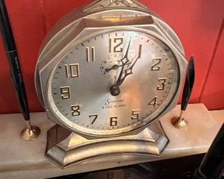Vintage Art Deco Alarm Clock Silver Chrome Case Arabic Numerals Mantel Shelf