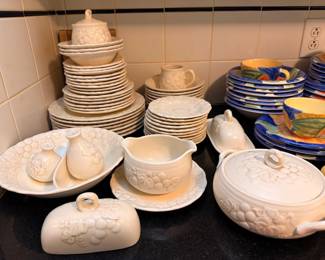 White Embossed Ceramic Dinnerware Set Plates Tureen Gravy Boat Serving