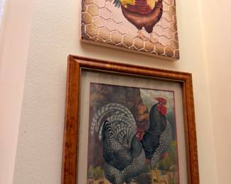 Framed Rooster Paintings Chicken Wire Frame Country Kitchen Art Pair