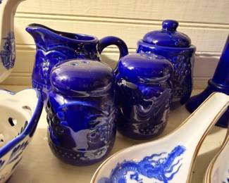 Cobalt Blue Ceramic Tea Set Teapot Creamer Sugar Blue White China