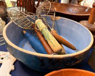 Blue Stoneware Bowl Vintage Kitchen Utensils Wire Basket