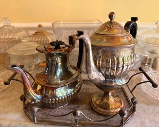 Ornate Silver Plate Tea Service Set Teapot Creamer Sugar Tray