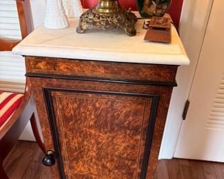 Antique Marble Top Nightstand Burl Wood Veneer Cabinet Victorian Furniture