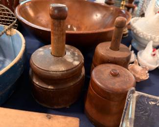 Antique Wooden Butter Molds Presses and Copper Bowl