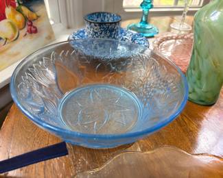 Blue Pressed Glass Bowl Spongeware Crock Green Art Glass Vase Copper Tray