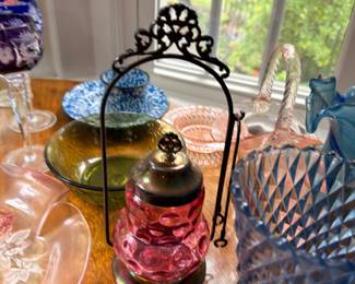 Cranberry Glass Hanging Lantern Blue Diamond Glass Colored Art Glass Table