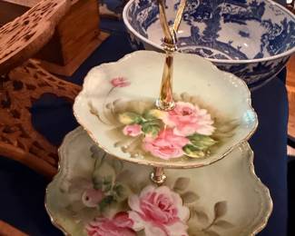 Hand Painted Porcelain Tiered Serving Tray Pink Roses