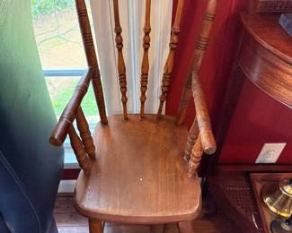 Antique Wood Spindle Back Chair Carved Crest Rail Turned Legs Arm Chair Vintage