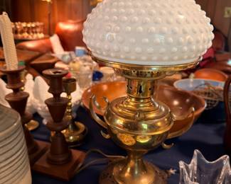 White Hobnail Milk Glass Lamp on Brass Base