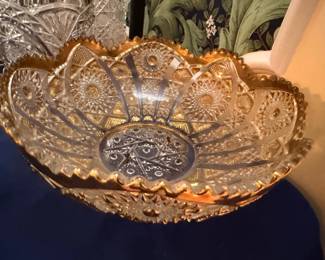 Ornate Gold Trimmed Cut Crystal Pressed Glass Bowl Antique