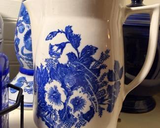 Blue White Floral Pitcher Vase Porcelain Transferware Large Ceramic