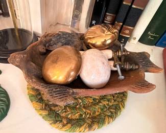 Decorative Eggs Brass Marble Stone Leaf Tray Green Pottery Collectible Display