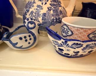 Blue White Pottery Collection Rice Pattern Bowls Polka Dot Vase Porcelain