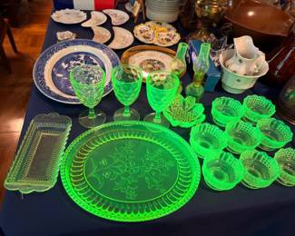 Green Uranium Vaseline Glass Collection Plates Goblets Hobnail