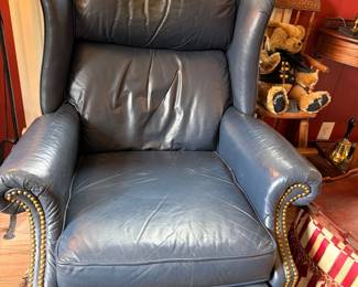 Navy Blue Leather Recliner Chair Nailhead Trim Oriental Rug Living Room
