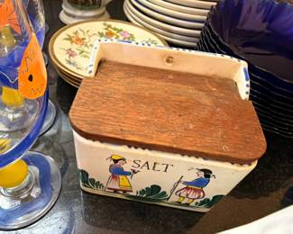 Vintage Ceramic Salt Box Wood Lid Folk Art Figures Painted Kitchen Crock