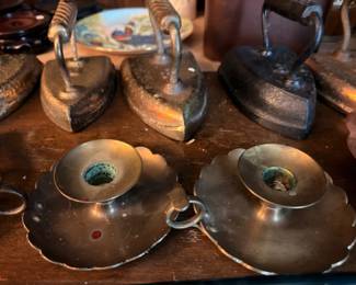 Antique Brass Chamberstick Candle Holders Sad Irons Metal Collectibles