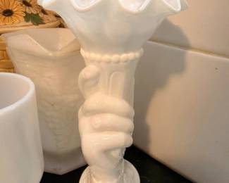 White Milk Glass Hand Vase Ruffled Edge Cornucopia Vintage Collection