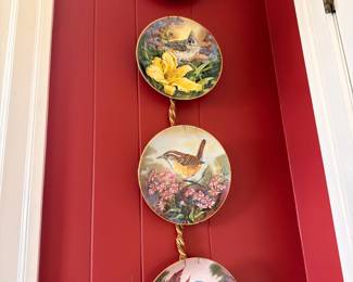 Bird Collector Plates Wall Display Songbird Painted Porcelain Red Wall Decor