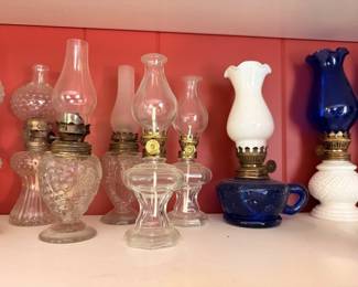 Oil Lamp Collection Cobalt Blue White Milk Glass Clear Brass Base Chimneys