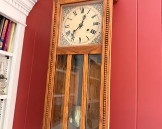 Antique Wall Clock Wood Case Glass Door Pendulum Carved Crest Red Wall