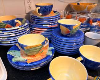 Colorful Italian Ceramic Dinnerware Blue Plates Yellow Bowls Fruit Pattern