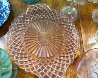 Pink Depression Glass Plates Pressed Pattern Teal Compote Crystal Candle