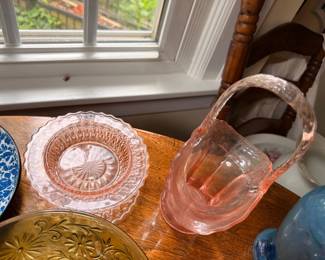 Pink Depression Glass Pitcher Plate Blue Glass Clear Pressed Vintage