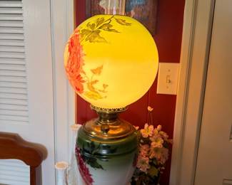 Antique Gone With Wind Parlor Lamp Painted Globe Brass Base Victorian