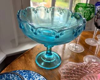 Blue Glass Thumbprint Compote Pedestal Bowl Blue White Plate