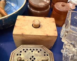 Primitive Wooden Box Butter Molds Blue Enamelware