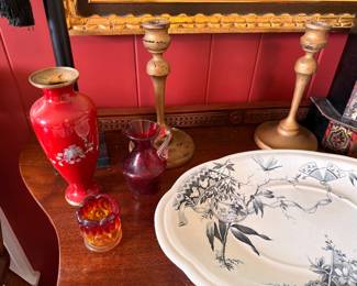 Red Glass Vase Brass Candlesticks Transferware Platter Table Display Decor
