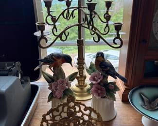 Wrought Iron Candelabra Scrollwork Ceramic Bird Figurines Brass Trivet Table