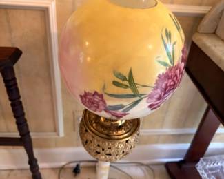 Hand Painted Floral Globe Parlor Lamp Brass Base GWTW Style