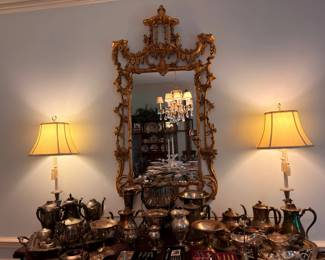 Gold Gilded Mirror with Table Lamps and Silver Tea Service