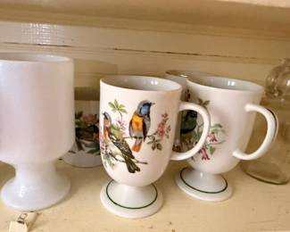Hand Painted Bird Porcelain Mugs Songbird Pedestal Cups