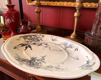 Antique Transferware Platter Asian Bird Bamboo Scene Brass Candlesticks