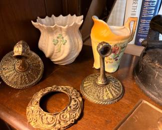 Ornate Brass Lamp Base Milk Glass Vase Hand Painted Ceramic Pitcher
